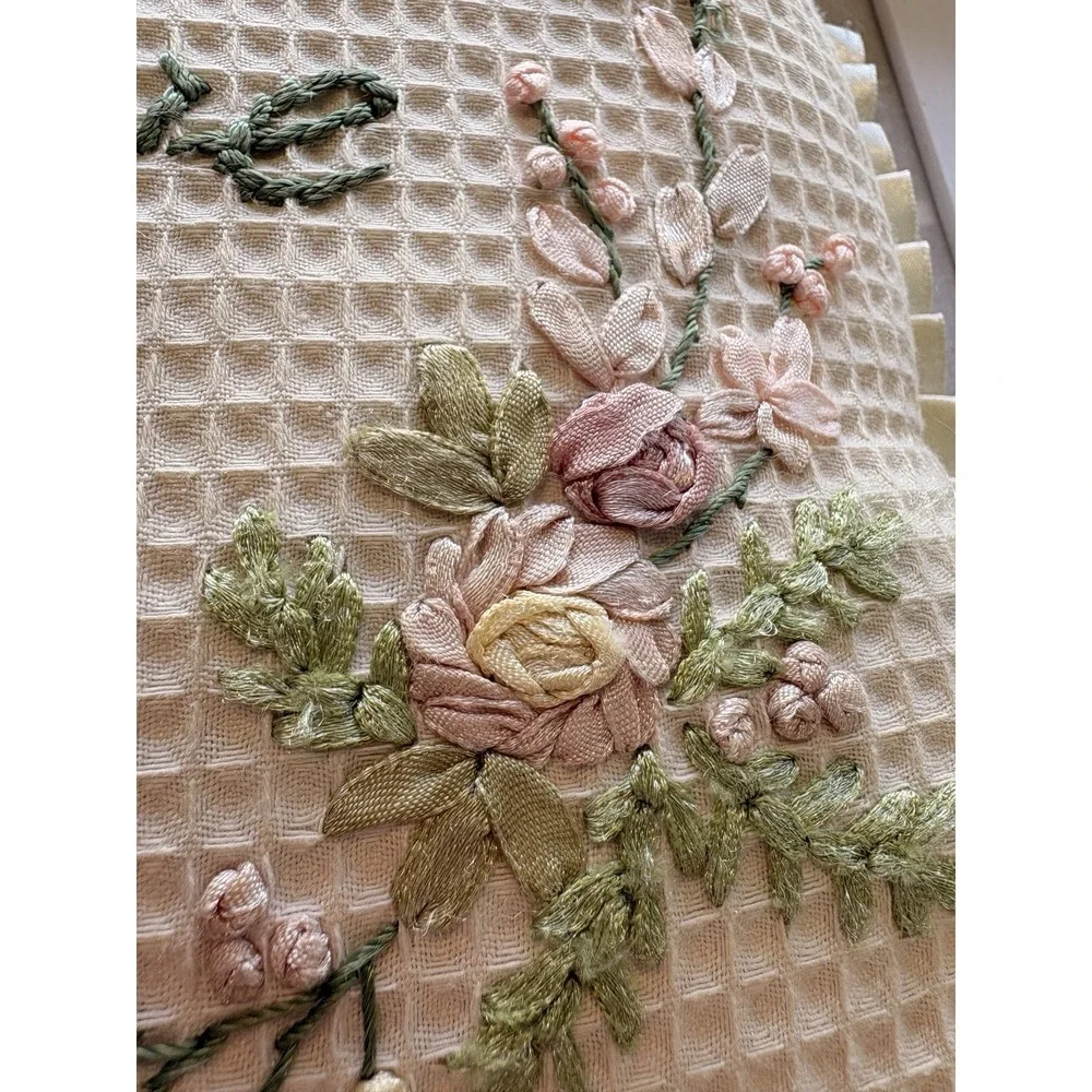 3 Cottagecore Shabby Chic Mini Pillows PEACE JOY LOVE Embroidered Floral Rosette